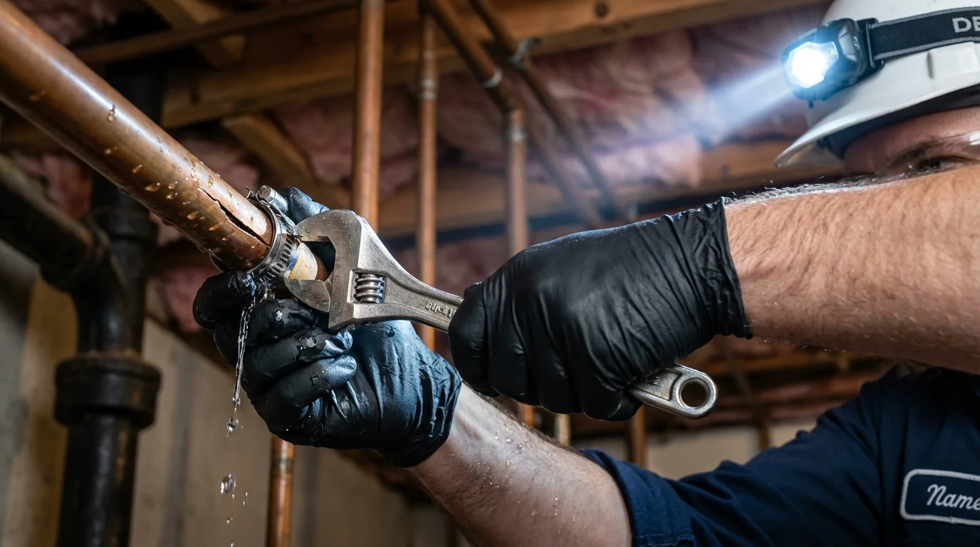 Emergency pipe clamp repair being performed by a Johns Plumbing LLC plumber in Lambertville