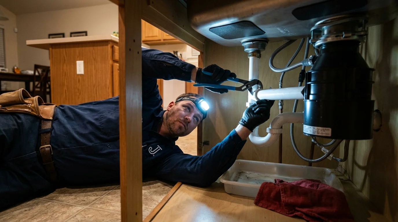 P-trap and supply line connections under a kitchen sink showing a common leak point in Lambertville, MI